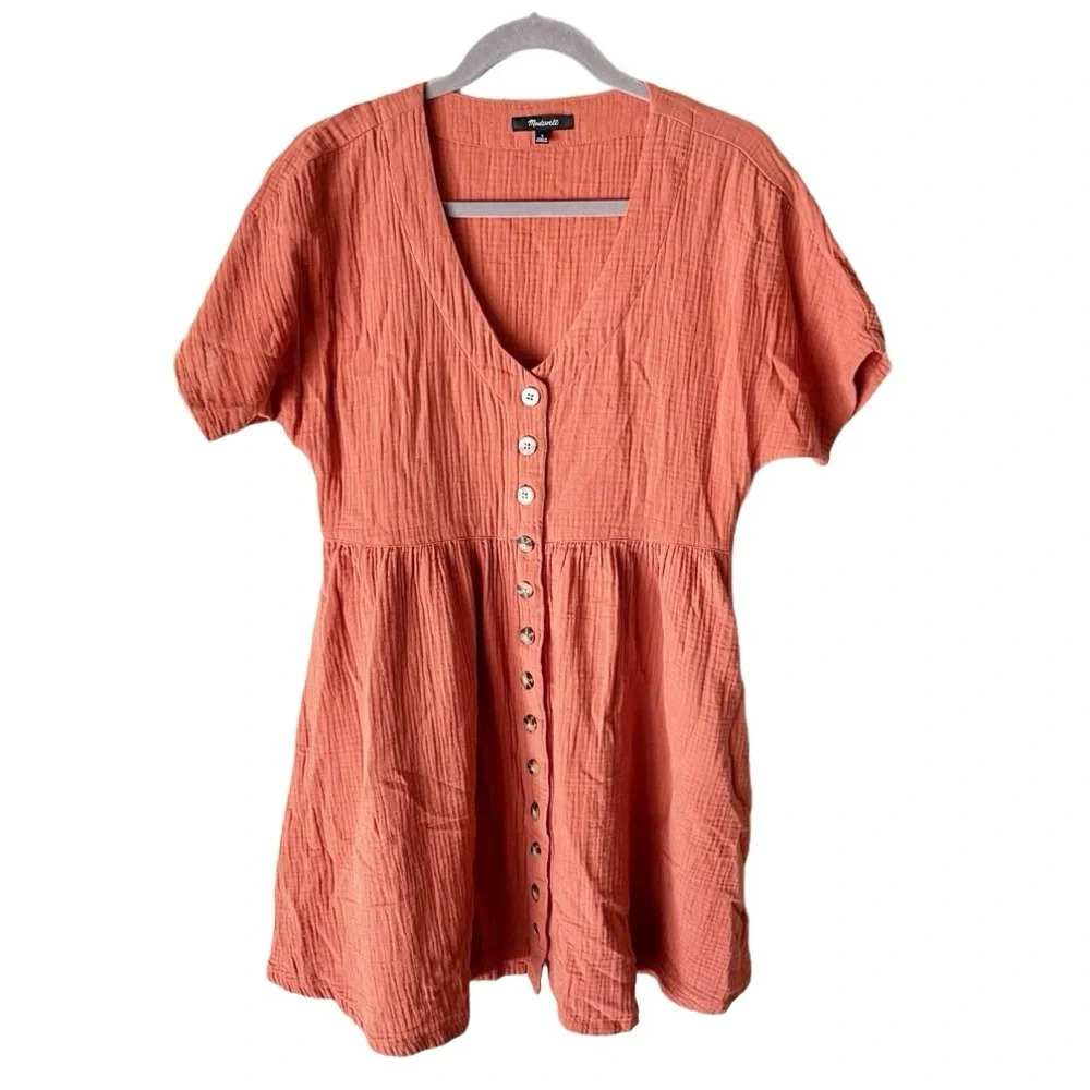 Madewell Button-Front Short Sleeve Mini Dress in Coral